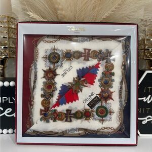 NIB 2 pieces Celine Handkerchief Scarf with Red, Blue, and Gold Emblems 18x18